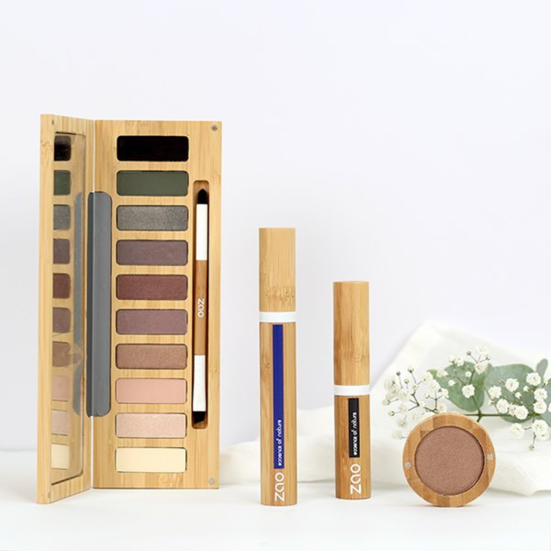 Bamboo Vegan Eyeshadow Palette 10 Shades - Zao Makeup - Lifestyle Image with Mascara, Eyeliner and Blush